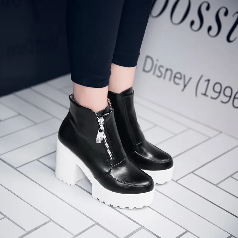 

Thick-Heeled Waterproof Platform Metal Zipper Ankle Boots Ultra-High Hollow with Winter Warmth Lady Ankle Boots Platform Shoes