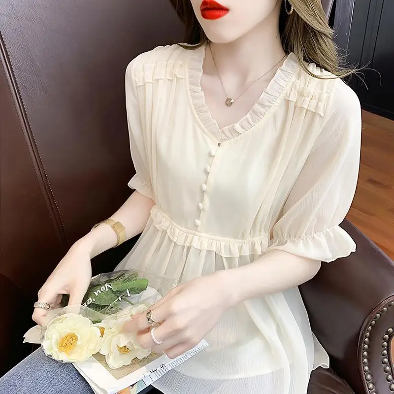 

Covering the belly chiffon shirt female sweet 2022 new summer five -point sleeve top super fairy western qi v -neck shirt spring