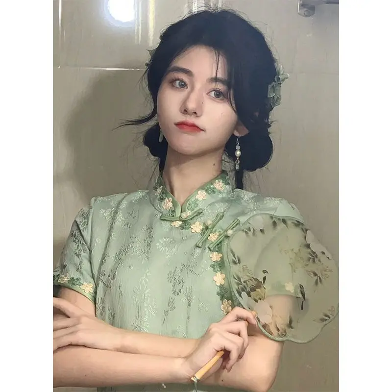 

High End Green Cheongsam Summer Girl Dress China 2023 Traditional Daily Temperament Women's Long Dress Clothing