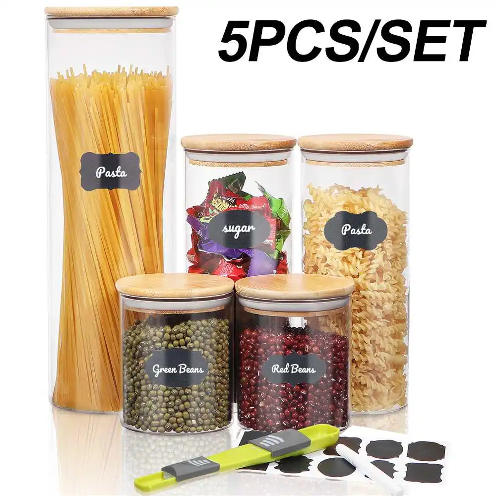 

5 Pcs Wood Lid Glass Airtight Canister Kitchen Storage Bottles Jar Sealed Food Container Spice Tea Coffee Beans Grains Jars