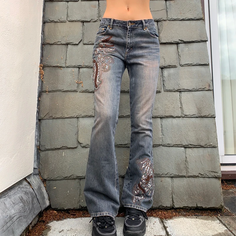 

Y2K Retro Spring Autumn Girls Long Jeans Ladies Leisure Style Geometric Pattern Mid Waist Bell-bottom Trousers Slim Denim Pants