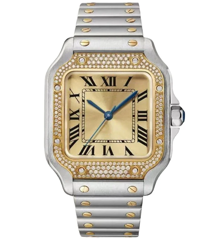 

mens Quartz watch Gold Diamonds Black Blue Leather