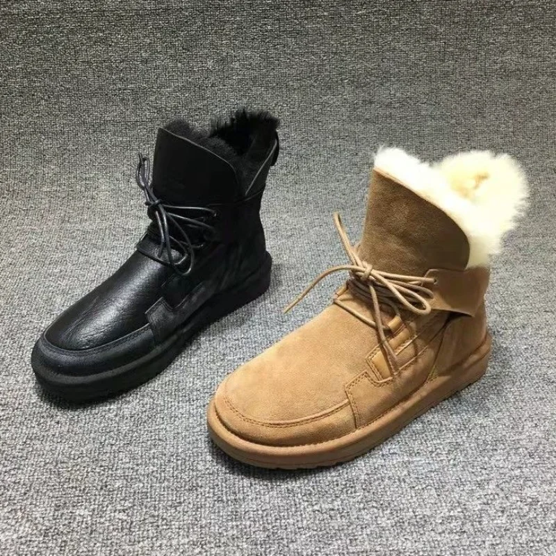 

Кожаная и меховая обувь, зимние ботинки с подкладкой, женские водонепроницаемые Полуботинки на плоской подошве, зимняя теплая женская обув...