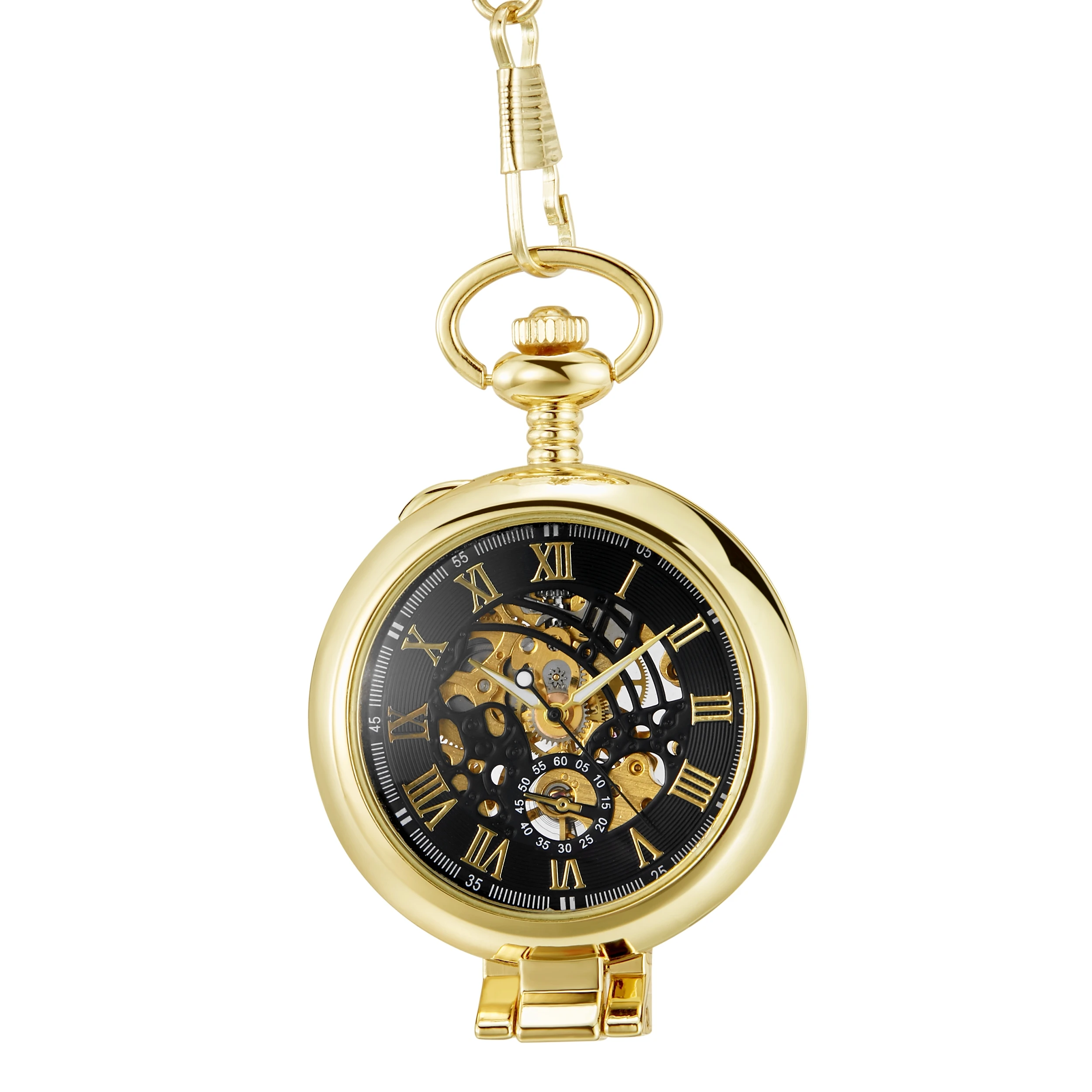 

Механические карманные часы для мужчин и женщин, часы-скелетоны золотого цвета в ретро стиле, Роскошные наручные часы с цепочкой-брелком, с прозрачным покрытием