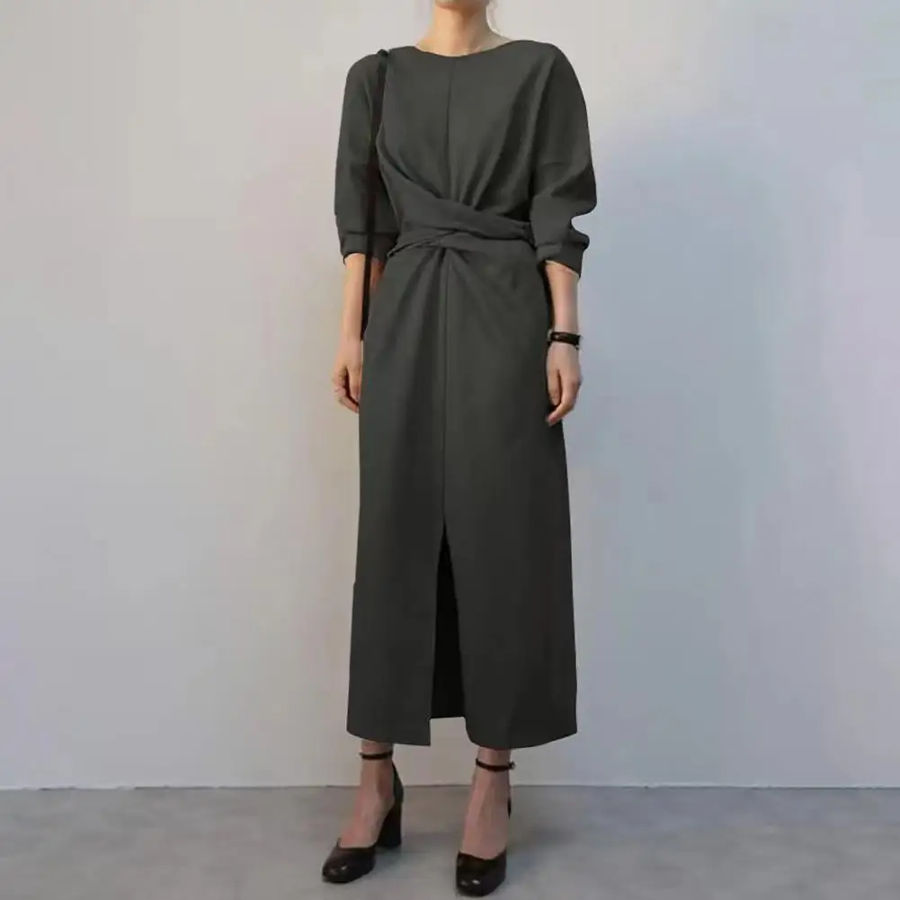 

O-neck Long Sleeve Front Split High-Waist Casual Dress Autumn Waist Cross Lace-up Solid Maxi Dress Female Clothing