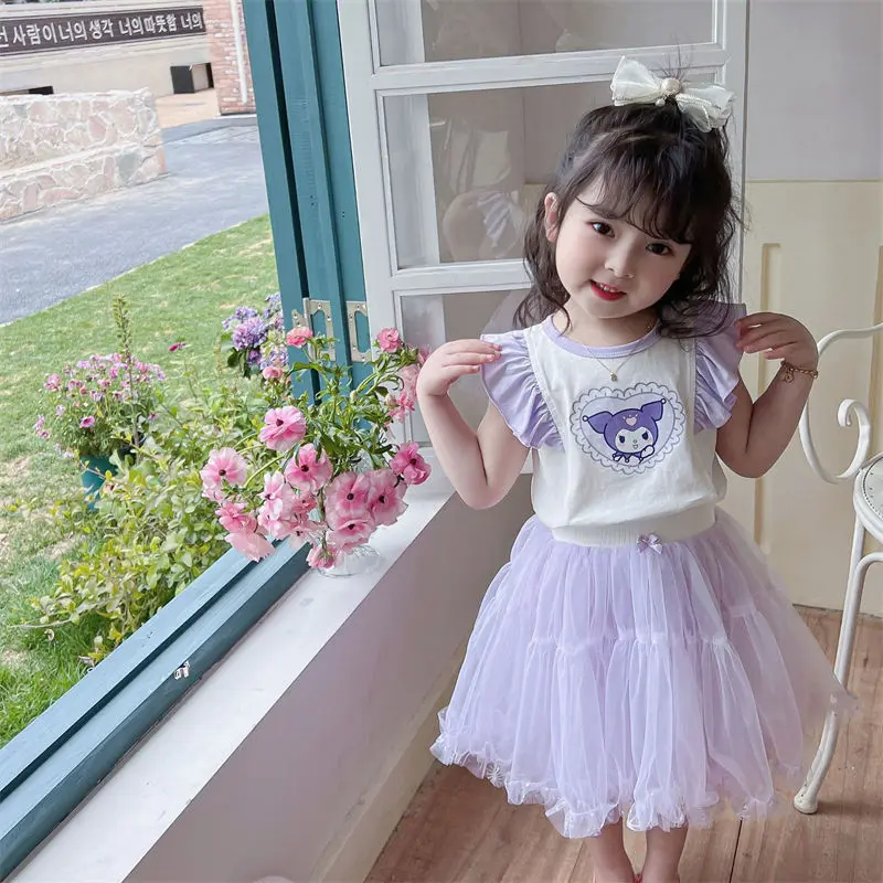 

Kawaii Sanrioed Hellokittyed My Melody Kuromi Лето Новинка для девочек с коротким рукавом для детей милый мультяшный свободный