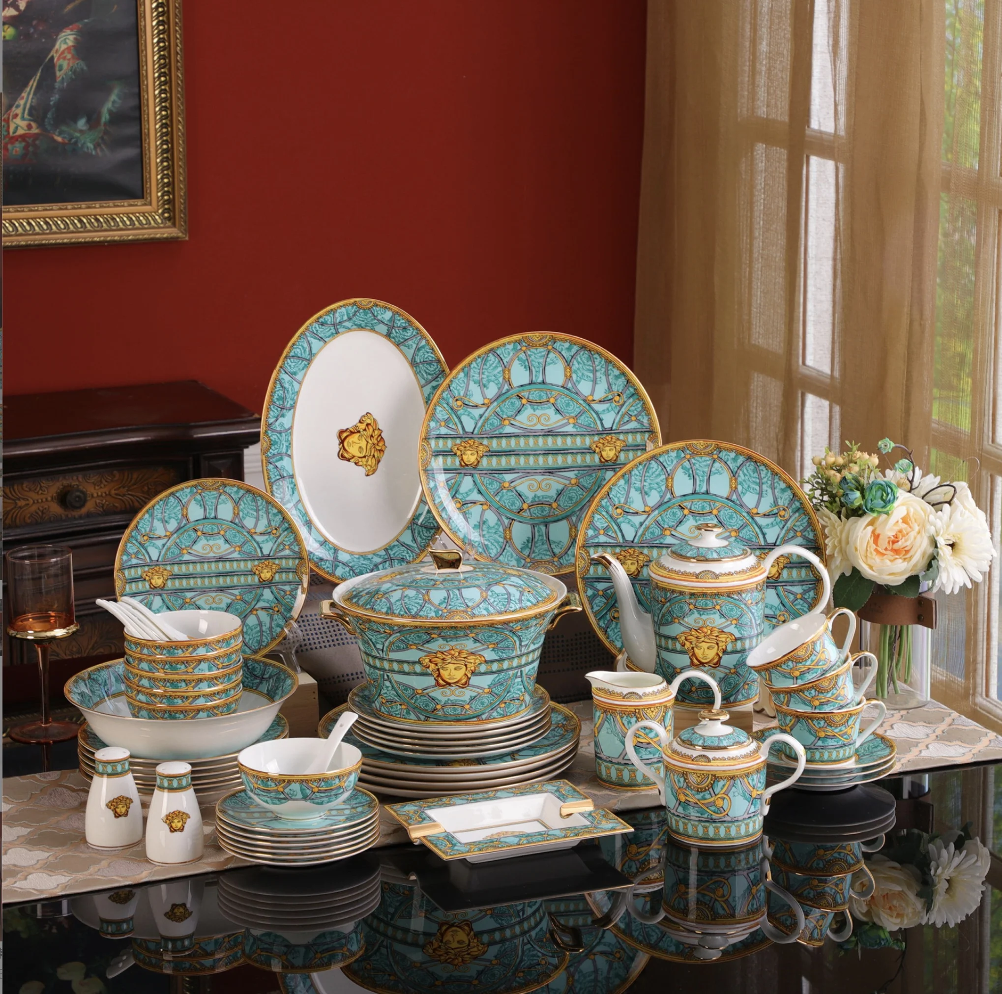 

European-style bone china tableware wholesale tableware set household plate bowl gift tableware coffee mug set