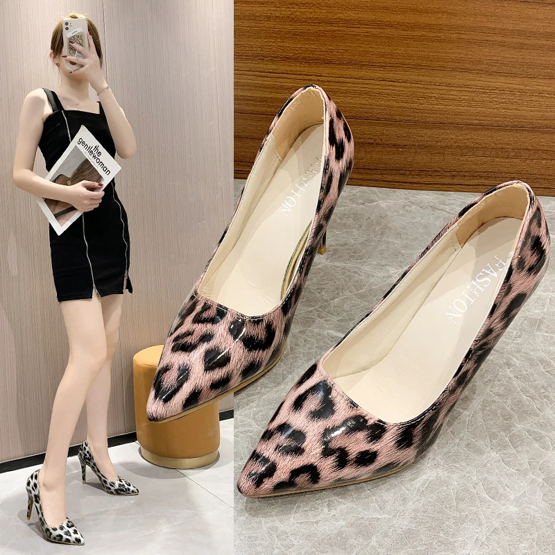 2023 Fashion Women Pumps Femals Sexy Leopard Pointed Toe 10cm High Thin Heels Ladies Office Elegant Slip on Footwear Shoes