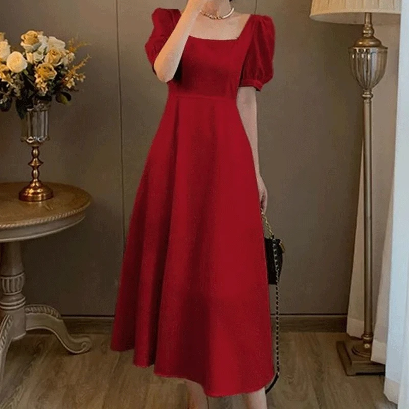 

Платье женское однотонное с квадратным вырезом, модное приталенное платье во французском стиле, универсальный сарафан с рукавами-фонариками, в Корейском стиле