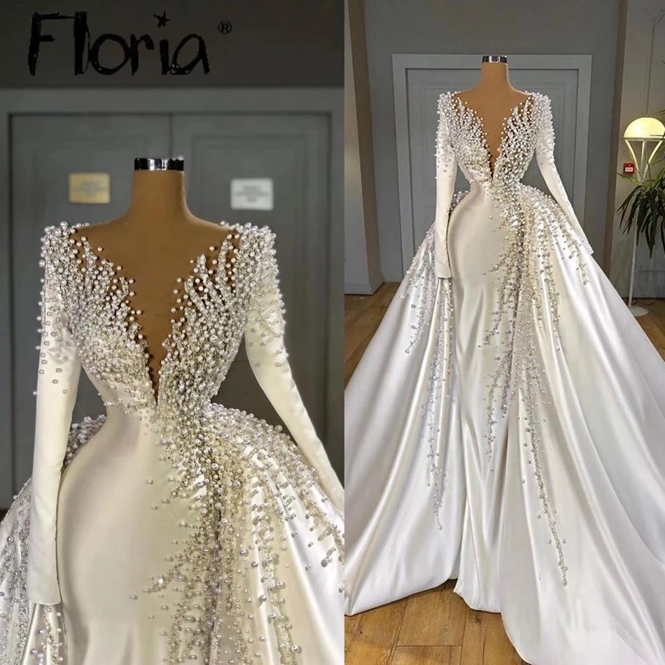 

Luxurious Deep V Neck Pearls Satin Wedding Dresses with Detachable Train Long Sleeve 2 in 1 Mermaid Bridal Gowns Robe de Mariée