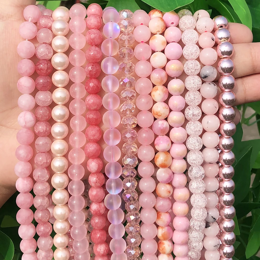 

Natural Stones Pink Quartzs Crystal Cat Eye Howlite Jades Pearl Round Loose Space Beads for Jewelry Making DIY Bracelet Charms