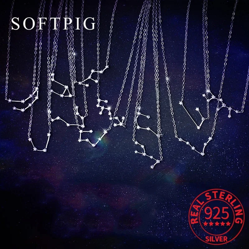 

SOFTPIG Real 925 Sterling Silver Zircon Constellation Choker Necklace For Fashion Women Irregular Fine Jewelry Cute Accessories