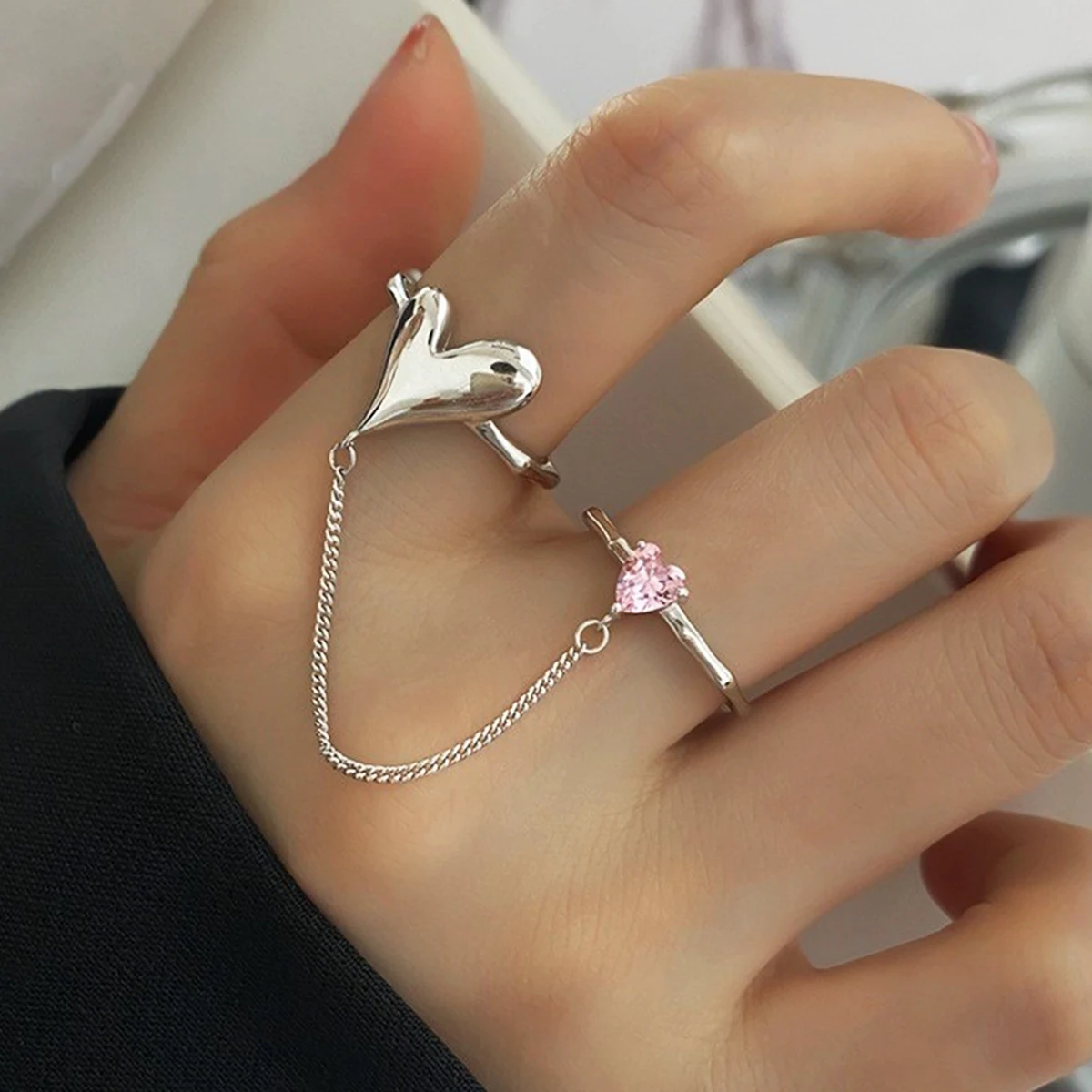 

Женское винтажное Открытое кольцо, серебряное розовое кольцо с цепочкой в форме сердца, комплект из 2 предметов, ювелирные изделия для свадебной вечеринки, на подарок