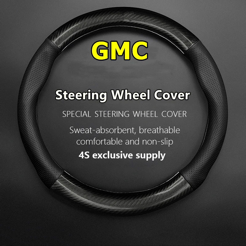 

For GMC Steering Wheel Cover Genuine Leather Carbon Fit Acadia Canyon Envoy Denali Granite Hummer Jimmy Terrain Sierra Yukon