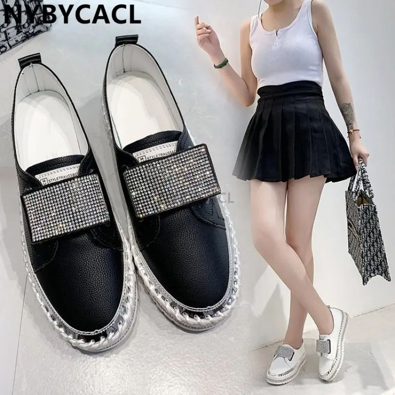 Crystals Hook & Loop Women Flats Bling Diamonds Women Sewing Ladies Casual Shoes Round Toe Platform Shoes Big Size 43 Fashion
