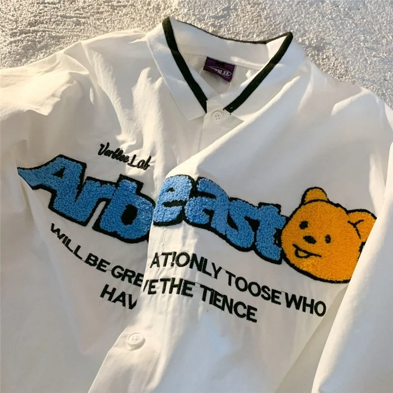 

Vintage Aesthetic Summer Blouse Button Up Shirt Men Women Cute Bear Embroidery Kawaii Short Sleeve Cardigan Preppy Students Tops