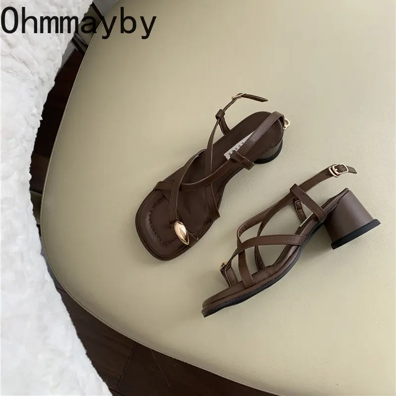 2023 Summer Heel Women Sandals Fashion Narrow Band Thick High Heel Shoes Ladies Elegant Dress Gladiator Sandalias