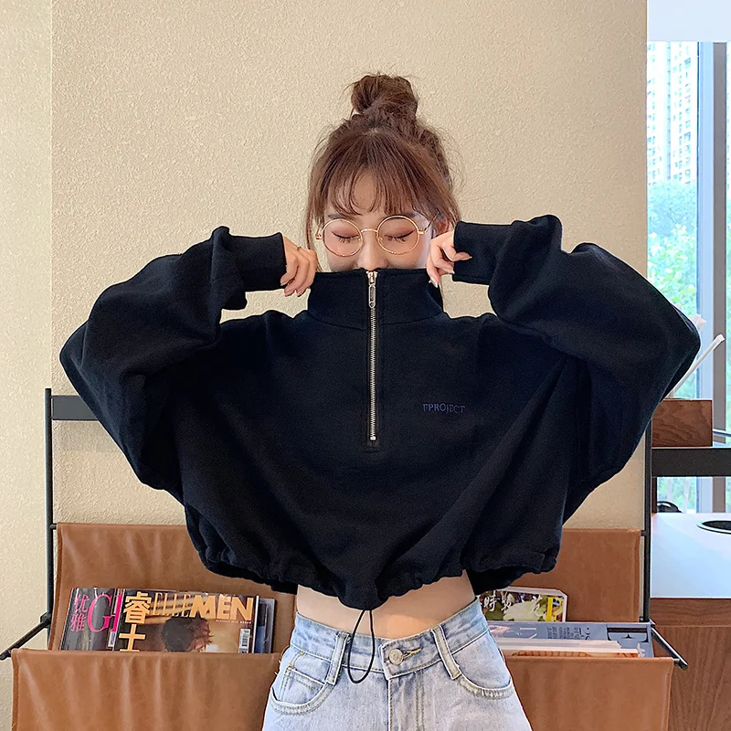 

Harajuku Hoodies Women Y2K Street Zipper Crop Sweatshirt Black Long Sleeve Loose Pullover Fashion Simple Elastic Waist Top