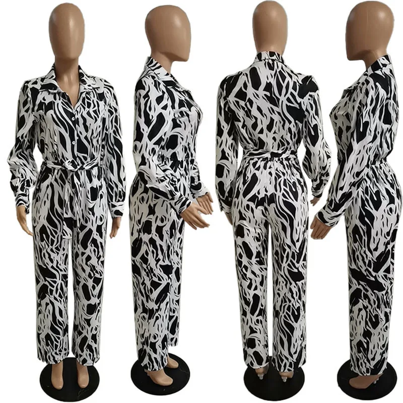 GJ7819 women's jumpsuit spring and autumn temperament commuter fashion printing long-sleeved loose jumpsuit women's nightclub
