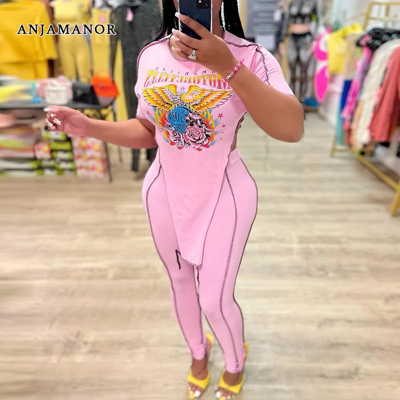 

ANJAMANOR 2 Piece Bodycon Sets Cute Outfits Graphic T Shirts and Pants Matching Sets Summer Clothes for Women 2022 D85-DZ28