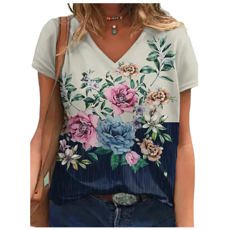 

New Summer Women's T-shirts, Short Sleeves, V-neck Abstract Printed T-shirts, Casual Women's Tops