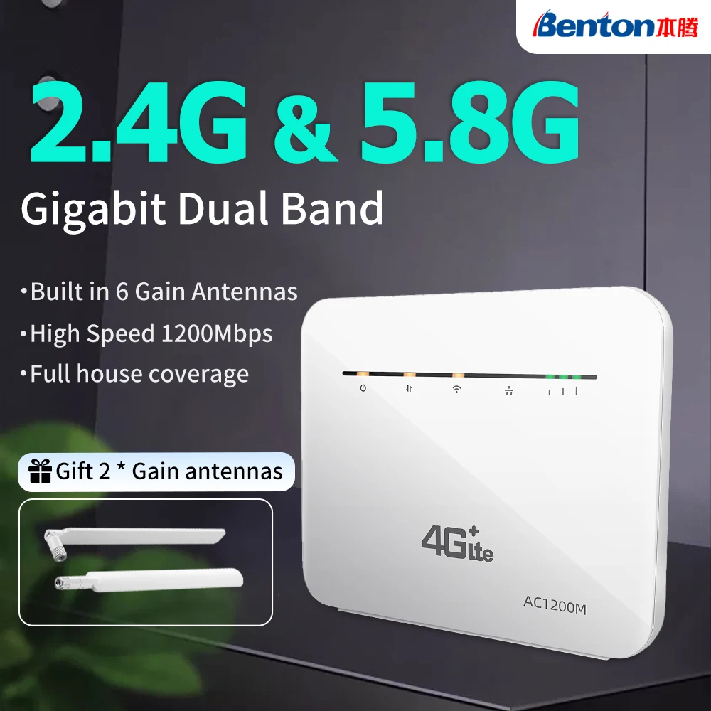Benton 2.4G&5.8 Ghz Dual Band Wireless Router Lte Cat6 WiFi Roteador 1200Mbps Unlocked SIM Card Slot Mobile Hotspot Gigabit Port