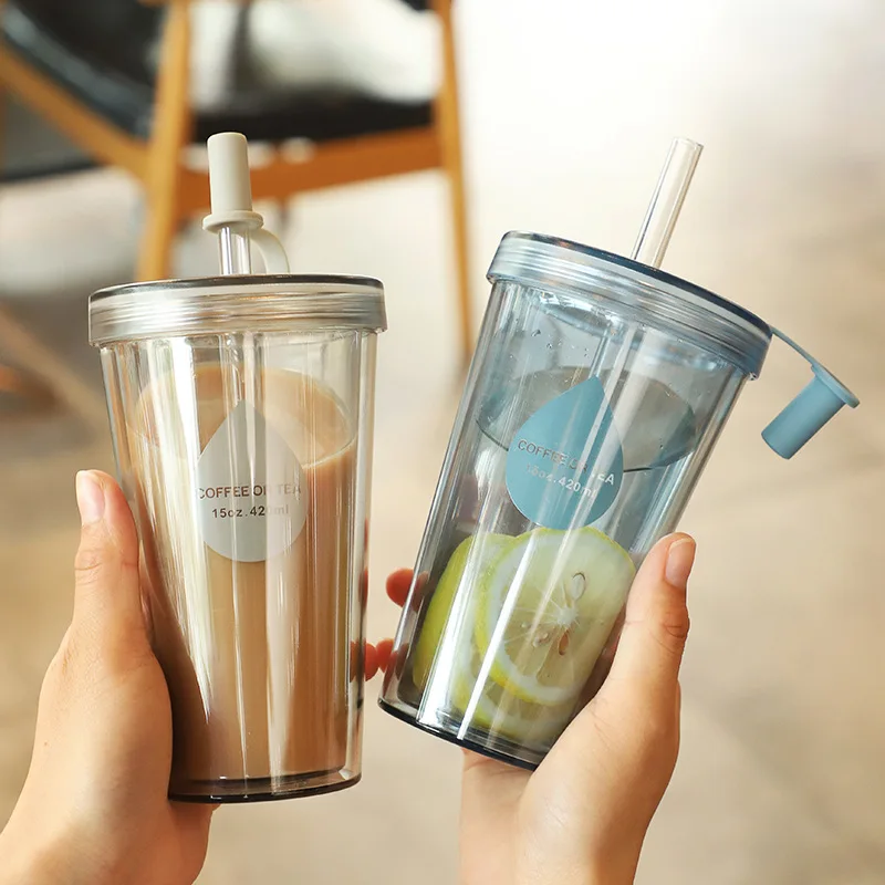 

320/420/520ML Portable Double-layer Water Bottle with Straw Reusable Coffee Milk Cup with Lid Leakproof Cup Water Cup