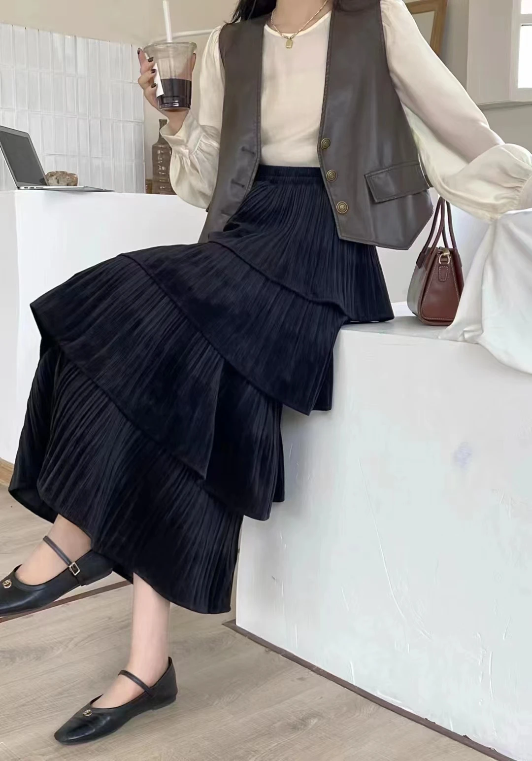 Новинка 2023 осенне-зимняя женская юбка с завышенной талией яркая теплая бархатная