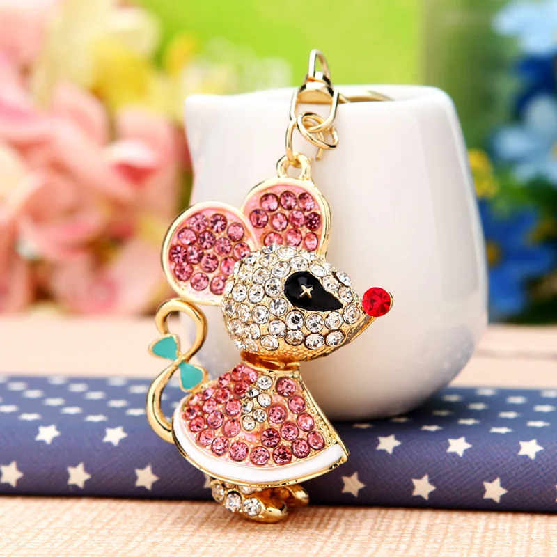 

Cute Rhinestone Crystal Long Tail Rat Keychain Animal Couple Mouse Key Chain Key Ring Holder Bag Pendant Keyring