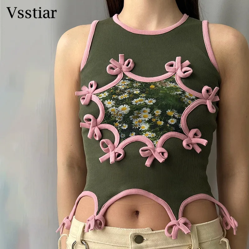 

Vsstiar модные вязаные женские майки без рукавов с бантом шикарные топы новый стиль ребристый повседневный летний укороченный жилет Y2K уличная...