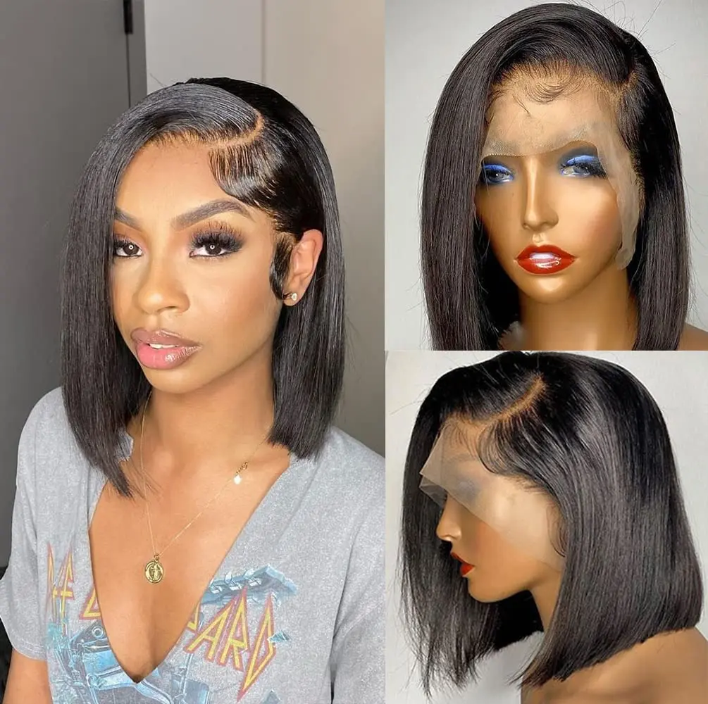 SSH Lace Part Short Straight Brazilian Remy Human Hair Wigs For Black Women Bob Wig Side Part Pre Plucked Natural Black Color