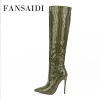 fansaidi 2022 fashion womens shoes winter new pointed toe sexy green zipper stilettos heels knee high boots big size 45 46 47
