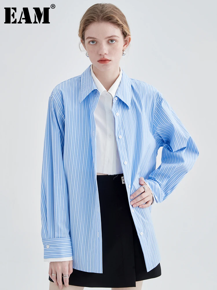 

[EAM] Women Blue Striped Irregular Big Size Blouse New Lapel Long Sleeve Loose Fit Shirt Fashion Spring Autumn 2022 1DE6613