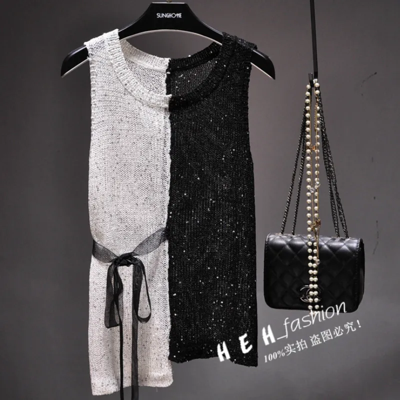 

Women Sequined Knitted Tank Hit Color Camisole Sleeveless Pullover Shirts Bling Crocheted Vest Sashes Slim Tanks Tops with Belt