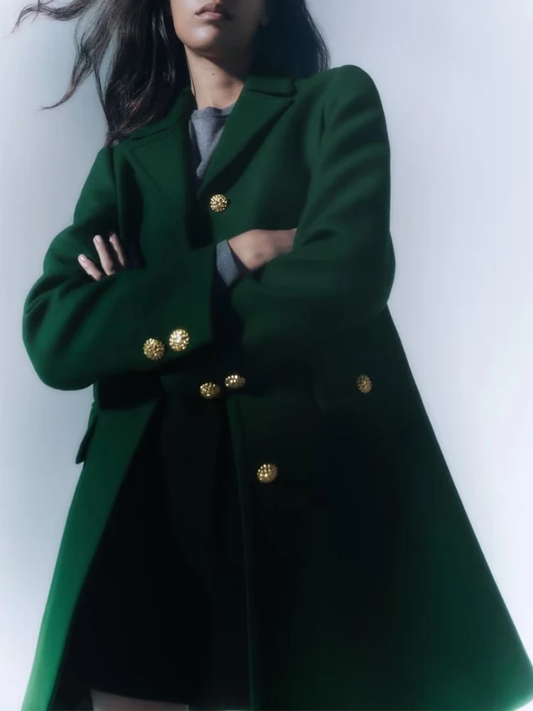

TRAF 2022 Winter Wool Coat Woolen Blends Women Long Sleeve Single Breasted Jacket Slim Warm Basic Female Fashion Overcoat