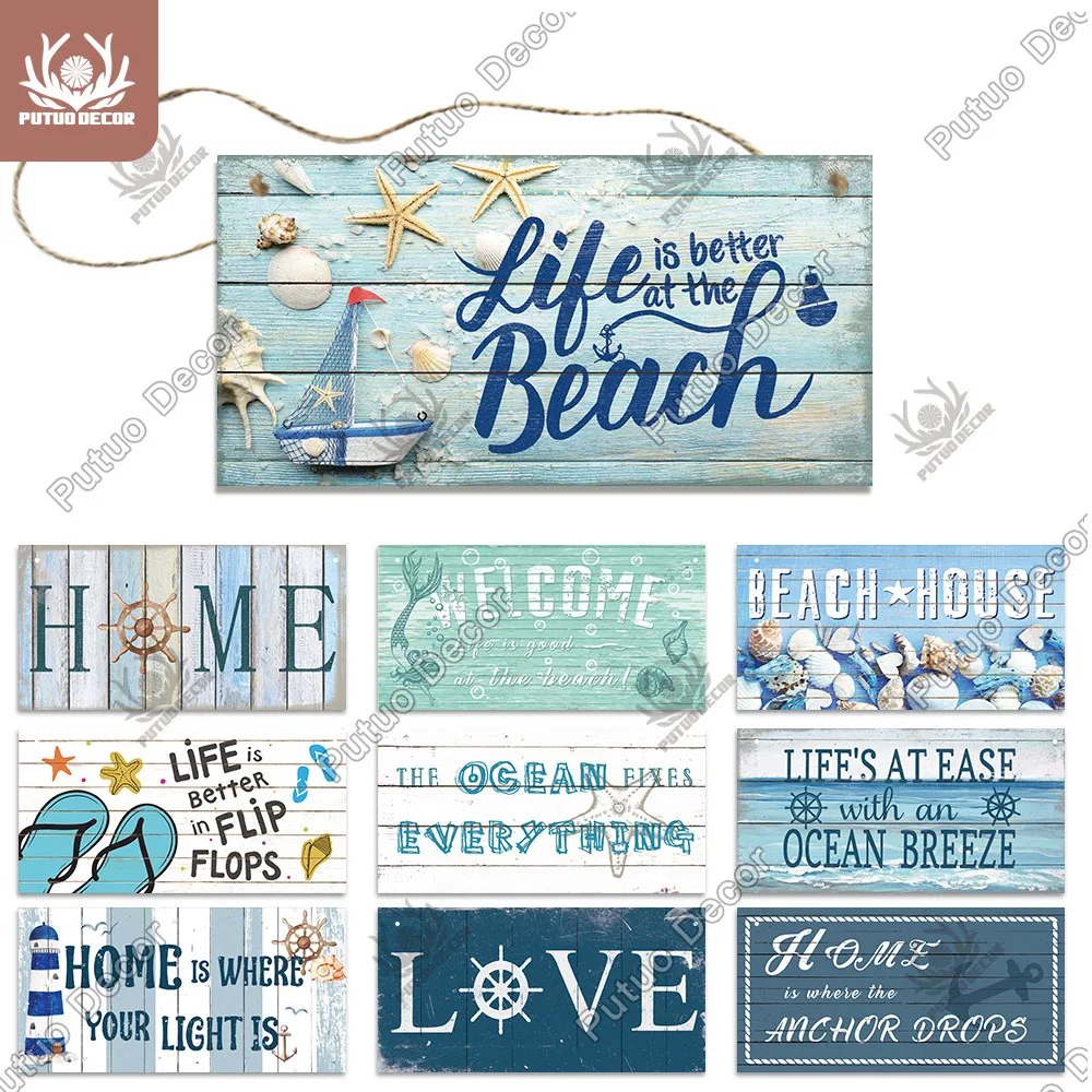 

Putuo Decor Beach Home Signs Wood Wall Plaque Wooden Signs Welcome Decor Hanging Plate for Beach House Home Bedroom Tent Decor