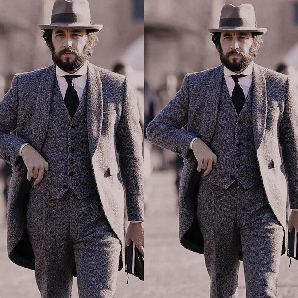 

Dark Grey Woollen Herringbone Tweed Men Suits Formal Tuxedo Groom Suits For Men Wedding Work Wear Best Man 3PCS Coat&Vest&Pant
