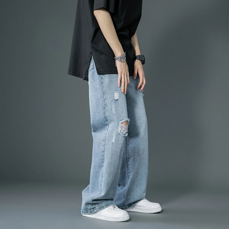 2022 Spring Summer Men's Ripped Wide Leg Jeans Korean Trend Straight Baggy Denim Pants Male Vintage Blue Trousers