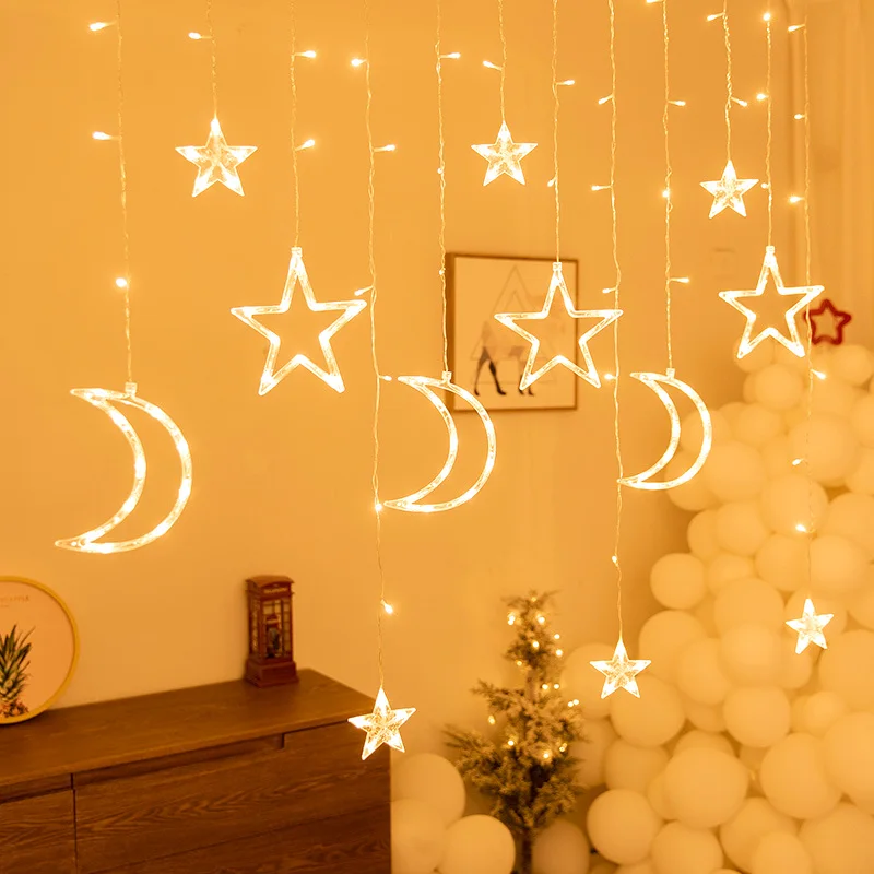 

Светодиодная гирлянда с Луной и звездами, Рождественская, Новогодняя гирлянда-занавеска, ИД мубара, украшение для дома, спальни, Рамадан, карем