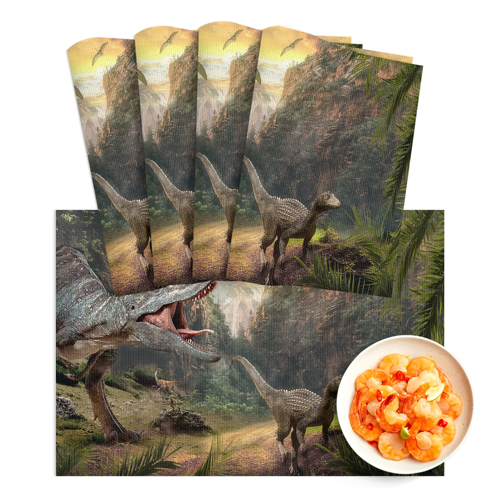 

4/6pcs Placemat Jurassic Dinosaur 3D Primeval Forest Restaurant Kitchen Accessories PVC Dining Table Mats Disc Bowl Coaster Pad