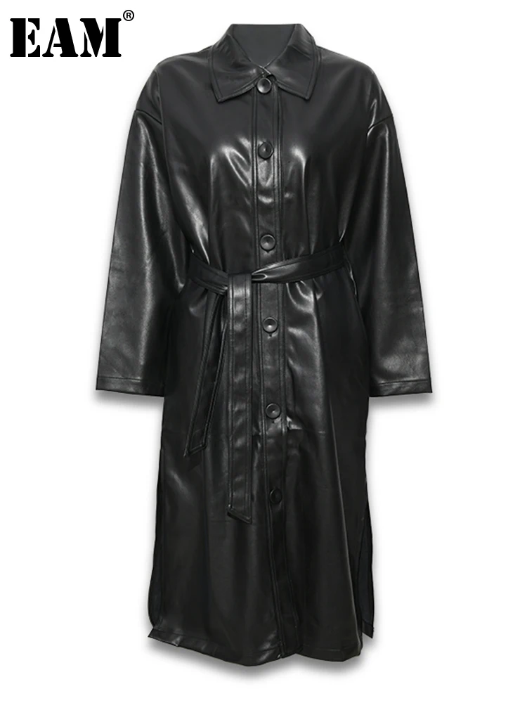 

[EAM] Women Pu Leather Big Size Black Trench New Lapel Long Sleeve Loose Fit Windbreaker Fashion Spring Autumn 2022 YG62501