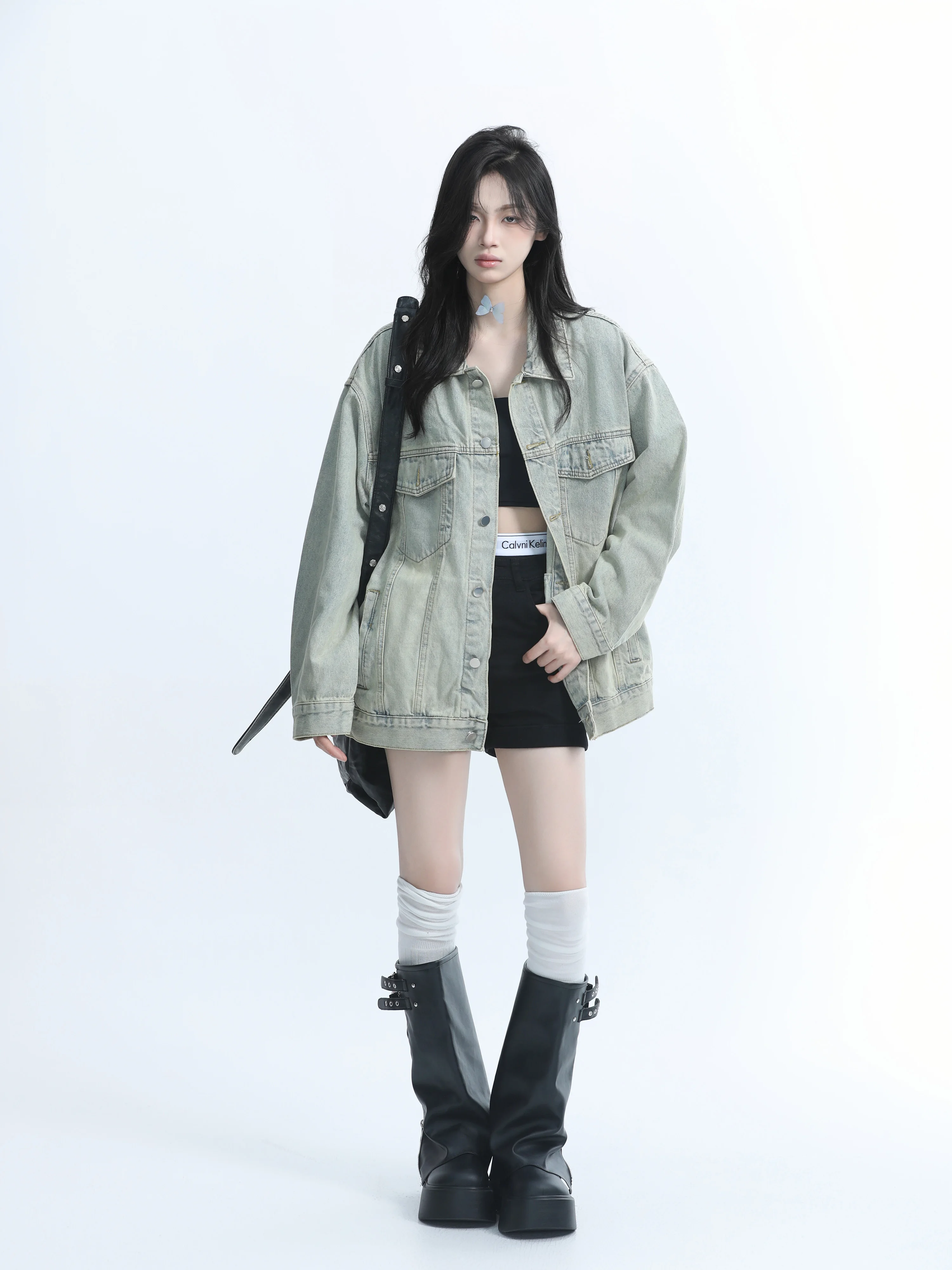 [Sitting in the Mountains] Spring and Autumn Denim jacket Women American vintage Street Design Sense Loose Washed Outerwear Tide