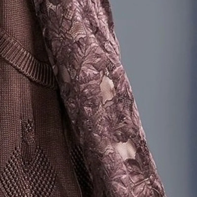 Женский пуловер средней длины однотонный свободный кружевной с круглым вырезом