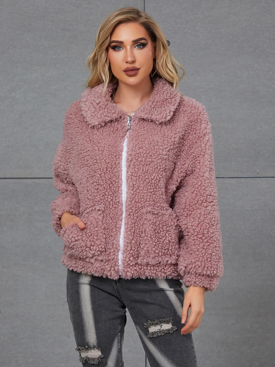 2022 new faux fur coat women's zipper short women's coat solid color lamb hair