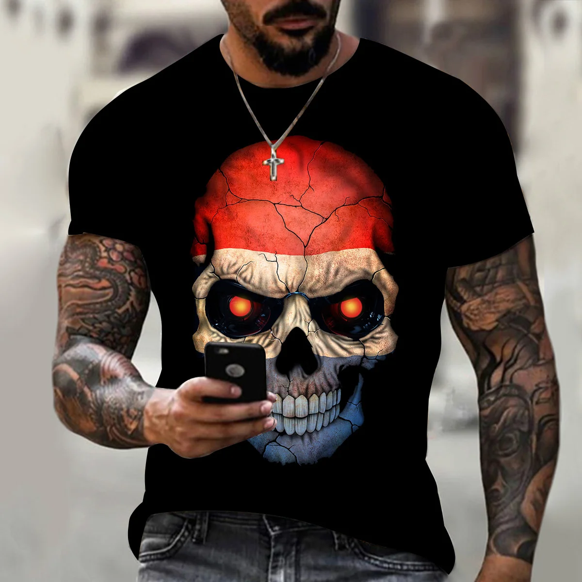 Horror Skull Pattern Print Large Size Casual Men Breathable Basic Warm Short Sleeve Tops Four Season Pop Retro Dark Wind T-shi images - 6