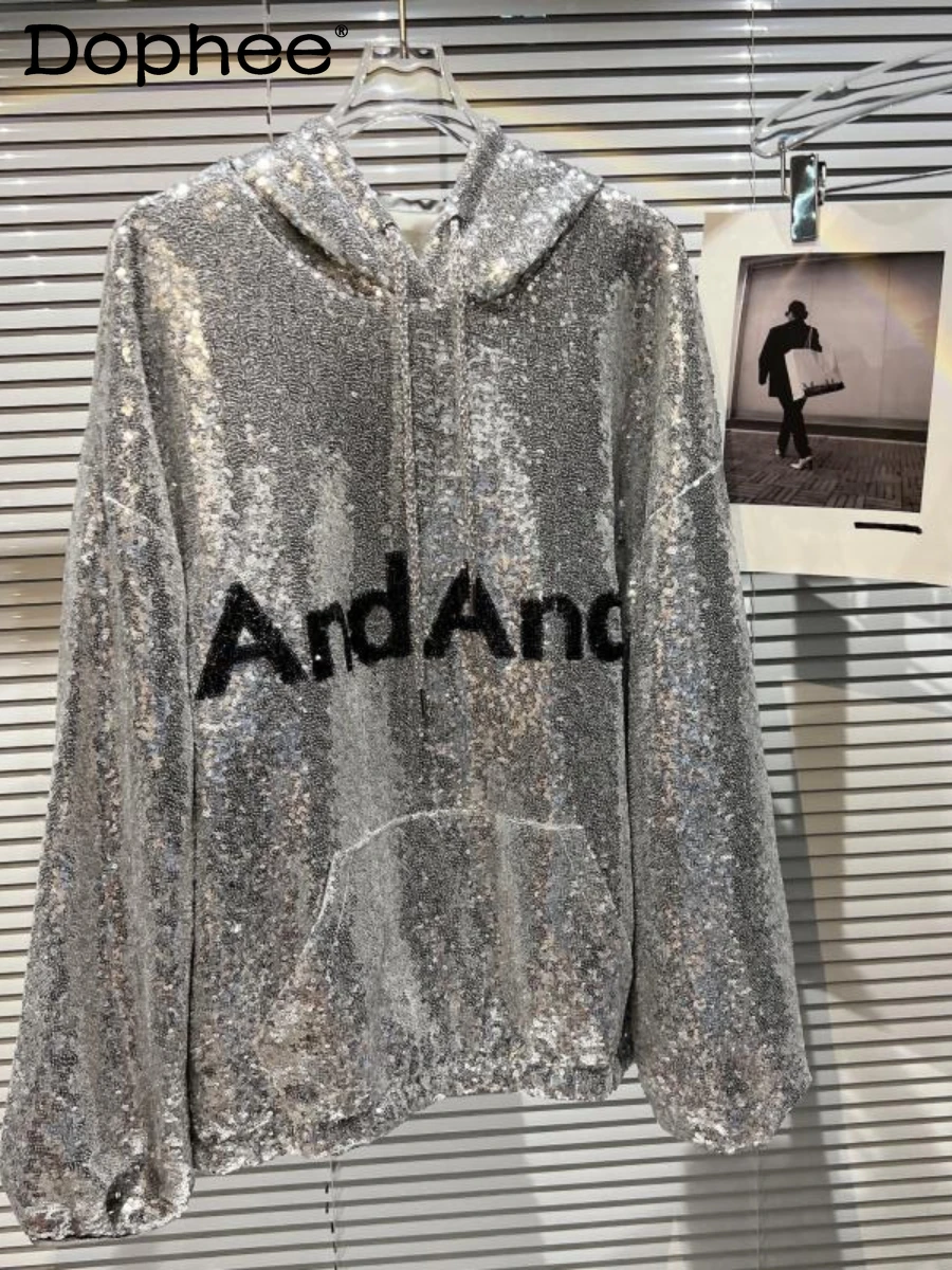 2022 Autumn New Heavy Industry Letter Pattern Sequins Large Pocket Hooded Sweatshirt Women's Loose Casual Pullover Hoodies Coat