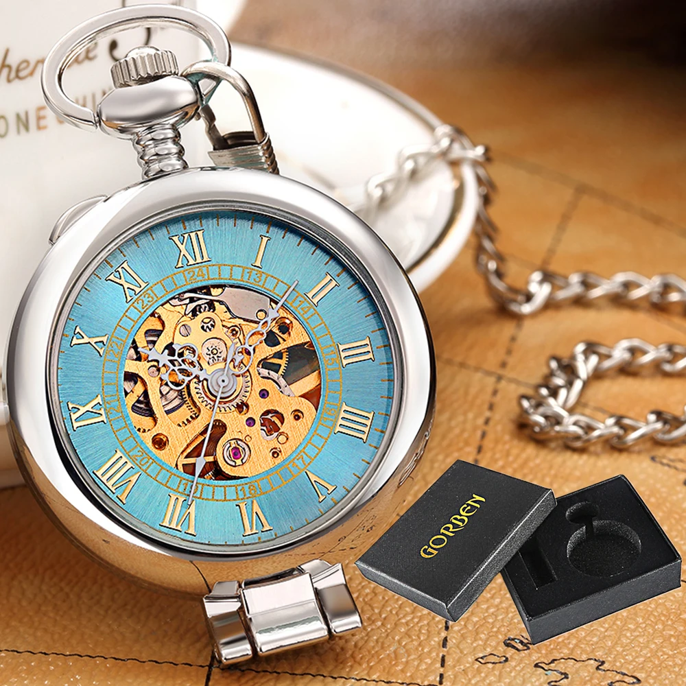 Skeleton Mechanical Pocket Watch with Chain Pendant Vintage MAN Pocket Watches Vest Necklace Watches Presents for Men Lady Clock