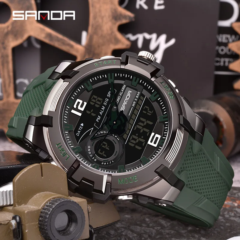 Фото SANDA 6015 Спортивные кварцевые часы для мужчин, электронные цифровые наручные часы с двойным LED-дисплеем, водонепроницаемые, ударопрочные, в стиле милитари №3