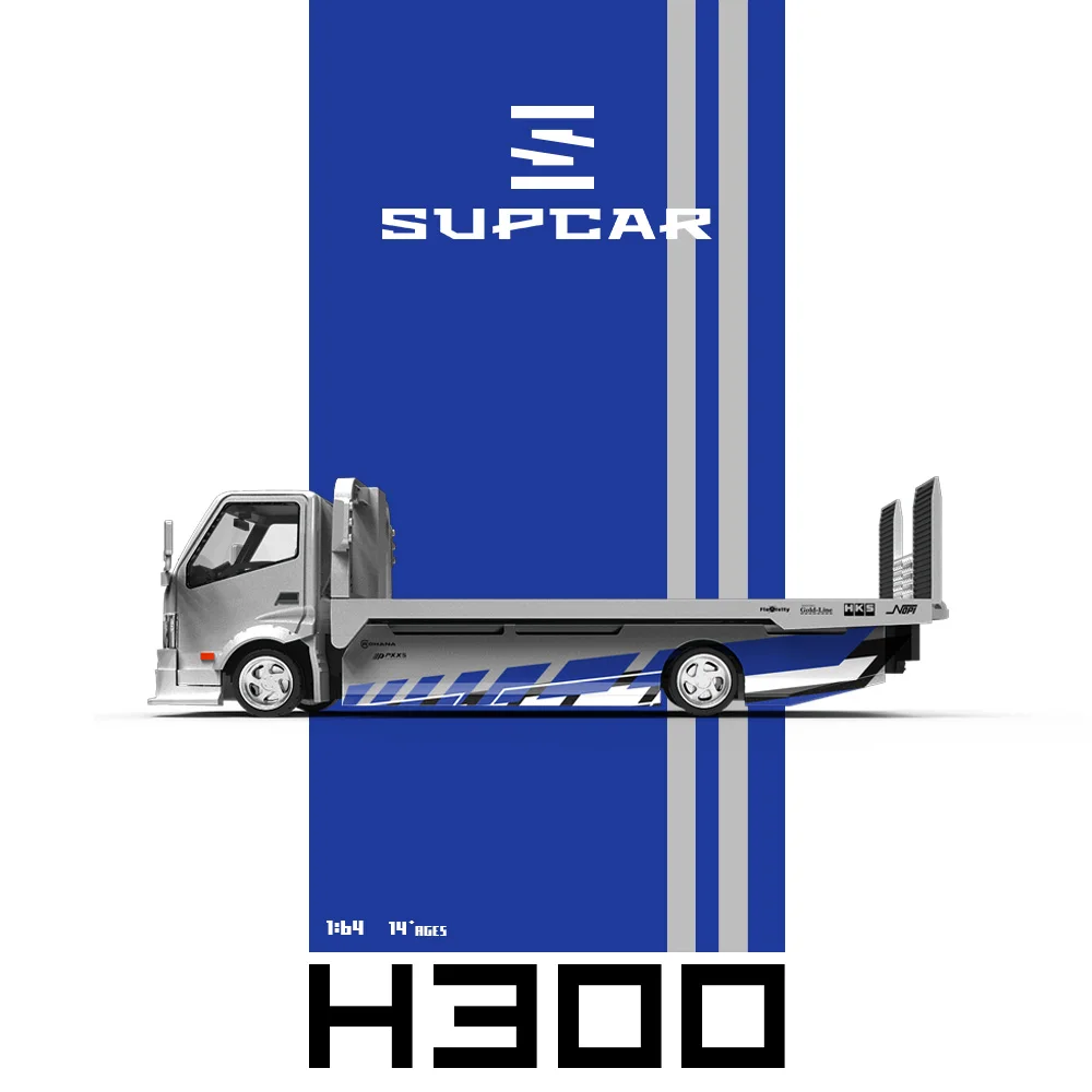 Фото Модель грузовика-платформы SUPCAR 1/64 H300 с серебристо-синими полосами, высокодетализированная коллекционная модель из сплава, подарок для любителей. №3