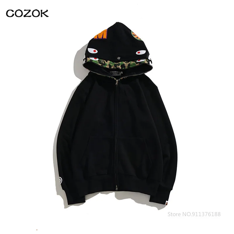 

2022 Zip Hoodies Winter Fashion Brand Pairs of Hats Fleece Casual Bape Shark Cardigan Coat Streetwear Oversized Sweatshirts